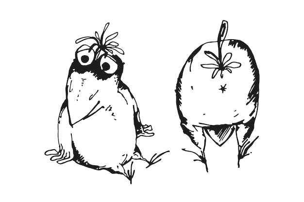 만화의 손으로 그린 터 일러스트레이션: 웃긴 까마귀 모노크롬 스케치: 귀여운 새 까마끼의 잉크 실루: 하 배경에 고립된 날아다니는 동물의 포즈