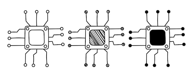 Vector set of hand drawn vector microprocessor in doodle cartoon style