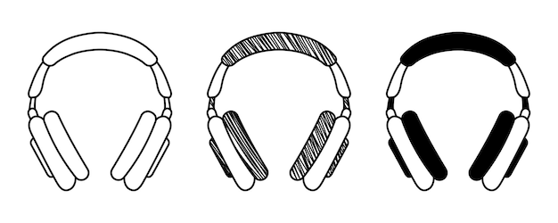 Set of hand drawn vector overhead headphones in doodle cartoon style