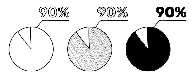 Vettore set di diagramma percentuale vettoriale disegnato a mano 90 in stile cartone animato doodle su sfondo bianco