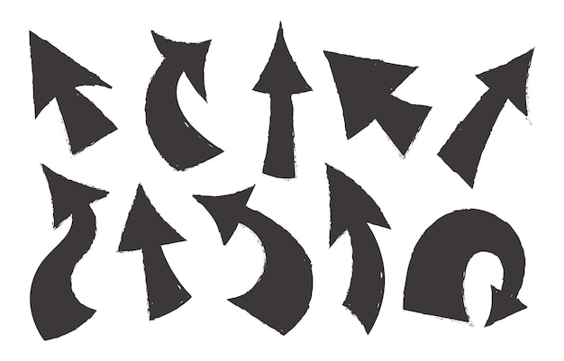 Set of hand drawn vector textural black arrows