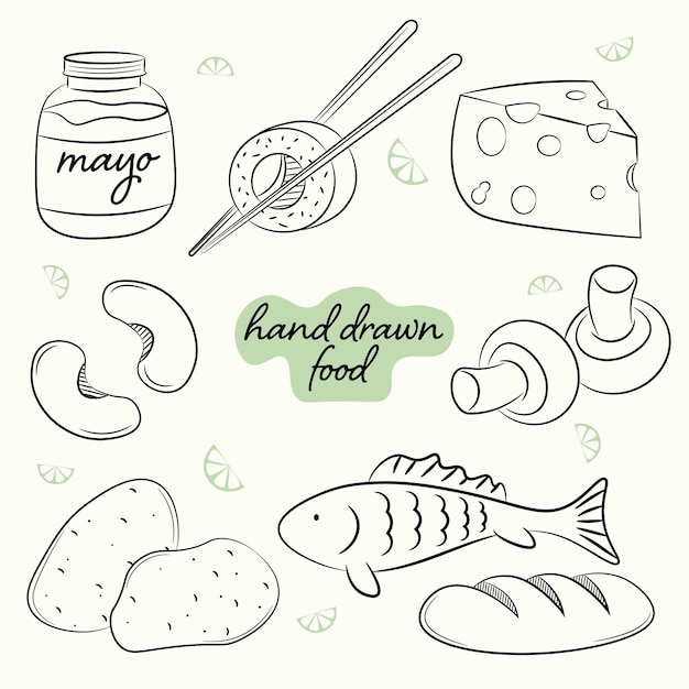 A set of hand drawn vegetables fish and grocery foods