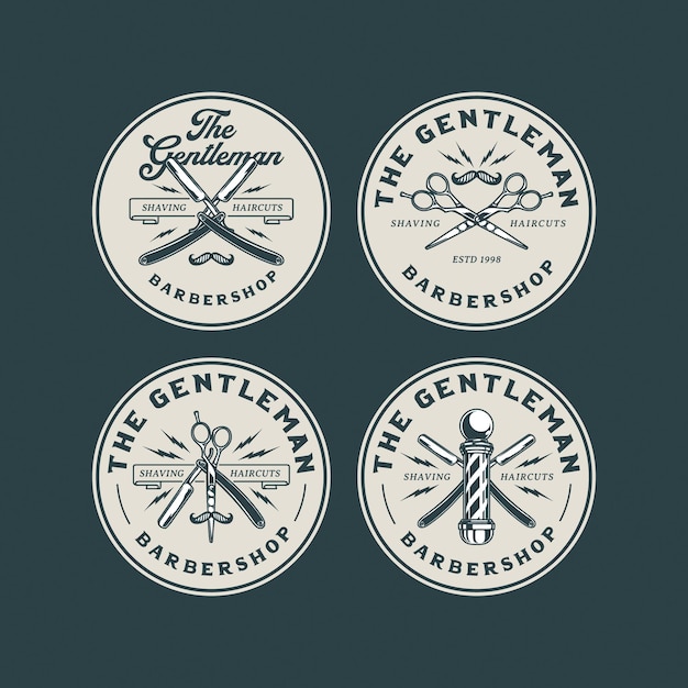 Vector set hand drawn vintage barbershop logo badge