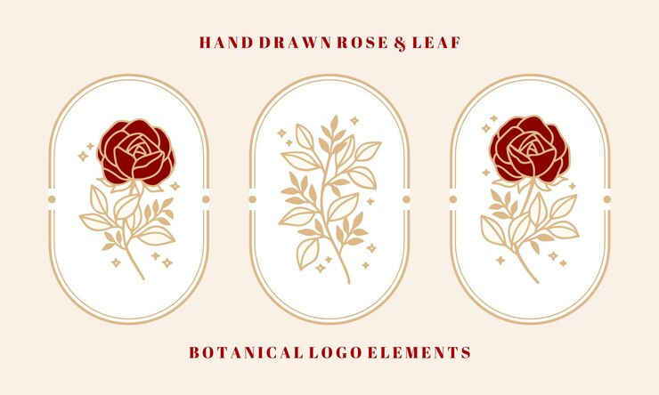 手描きのヴィンテージ植物バラの花と葉の枝要素のセット