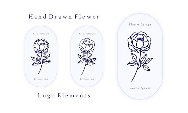 Set of hand drawn vintage botanical rose flower, peony and leaf branch elements for feminine logo and beauty brand