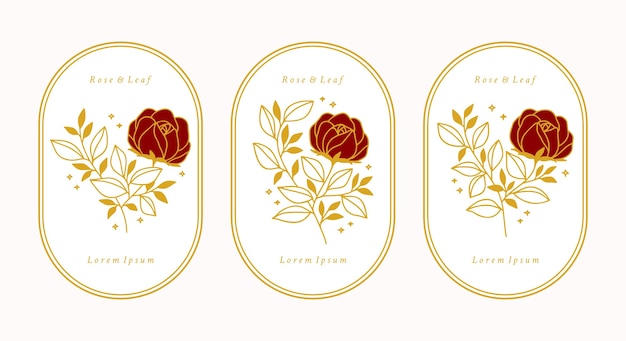 Set of hand drawn vintage gold botanical rose flower