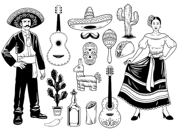 Set of Hand Drawn Vintage Mexican Culture Objects