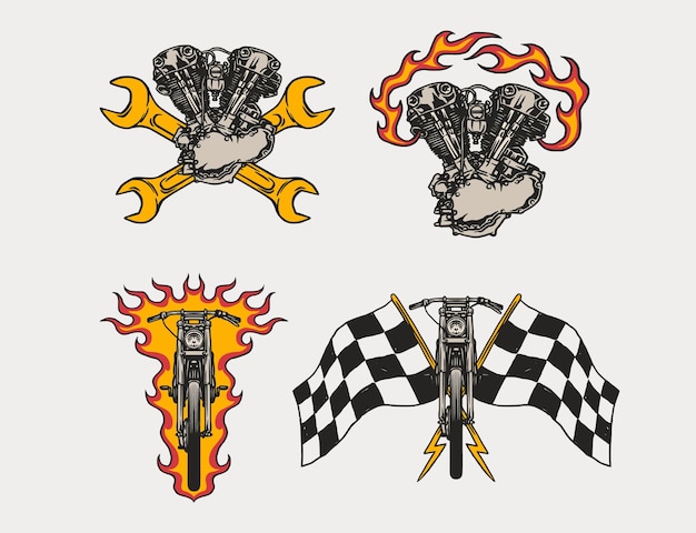 Set Hand drawn vintage style of motorcycle and garage logo badge