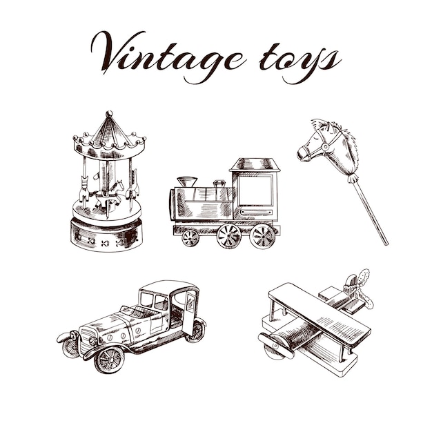 A set of hand drawn vintage toys carousel train hobby horse car airplane Outline illustration