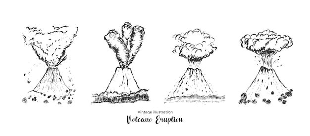 Vector set hand drawn volcanic mountain eruption