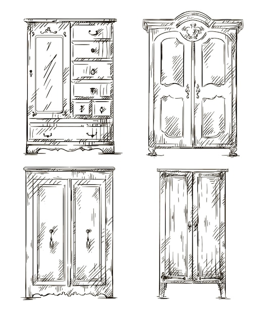 Vettore set di armadi disegnati a mano elementi interni illustrazione vettoriale