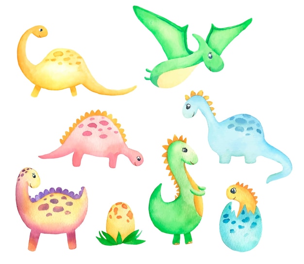 Set of hand drawn watercolor dinosaur babies