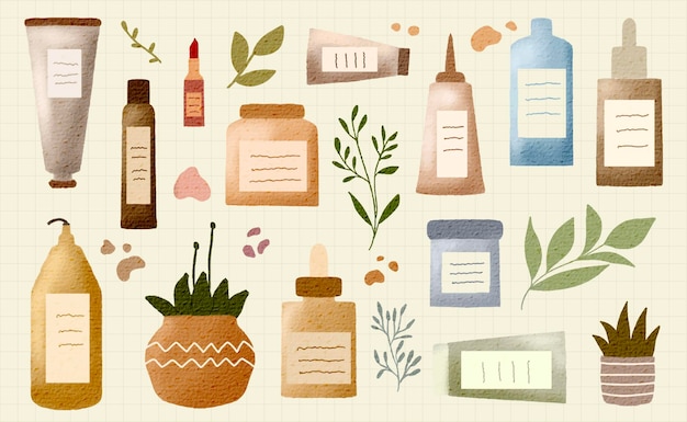 Vector set hand drawn watercolor various of cosmetics skincare and body care essentials products and nature element