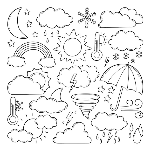 set of hand drawn weather doodles.
