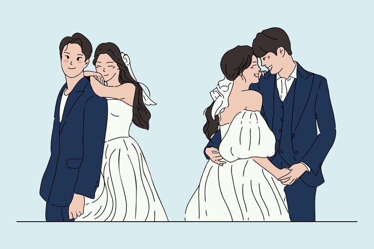 Vector 손으로 그린 웨딩 커플, 신부, 결혼, 웨딩 컨셉 일러스트 세트