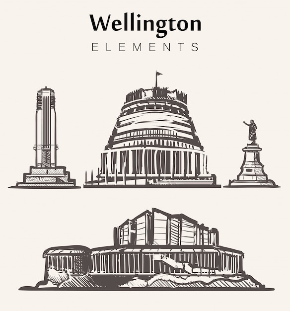 Insieme di edifici di wellington disegnati a mano.