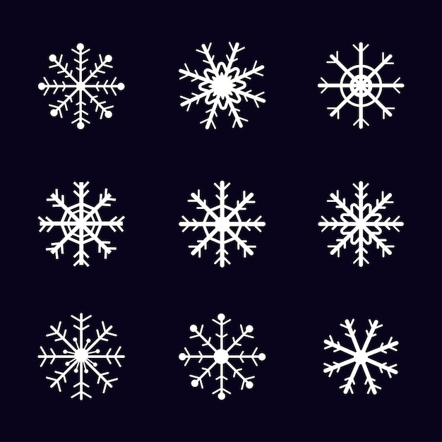 Set hand drawn white snowflakes on black background for ornaments, icons, or decoration