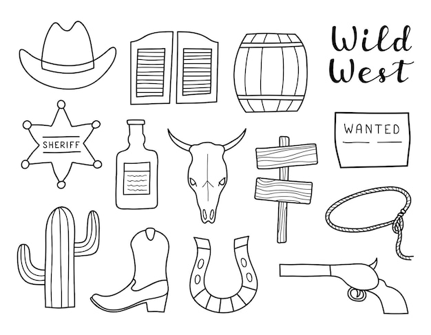 Vector set of hand drawn wild west elements