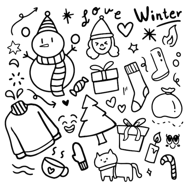 Vector set of hand drawn winter elements doodle cartoon coloring book for kid