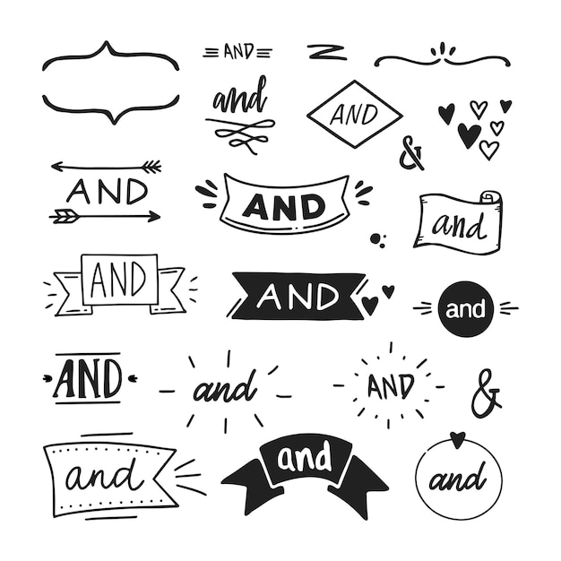Vector set of hand drawn 'and' words and ampersands. vector illustration