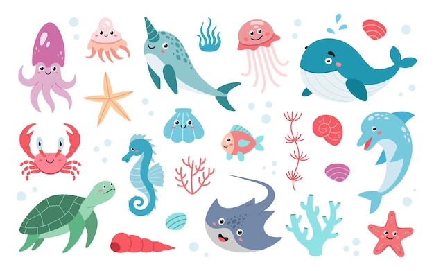 Set hand getekende oceaan wezens Cartoon zeedieren Vector doodle stijlenset van zee leven objecten voor ontwerp Vector illustratie geïsoleerd op een witte achtergrond