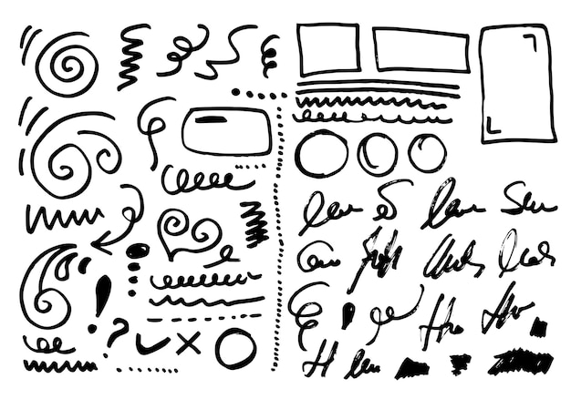 Vector set hand getrokken abstract vector symbolen en doodle markeringen inkt potlood penseelstreken handtekening.