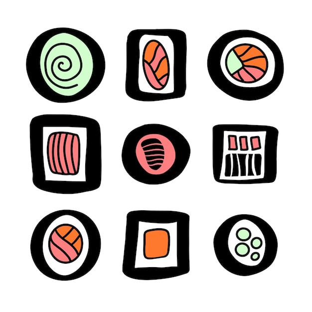 Set hand getrokken abstracte geometrische sushi doodle iconen Gestileerde verschillende rollen Aziatisch eten contour