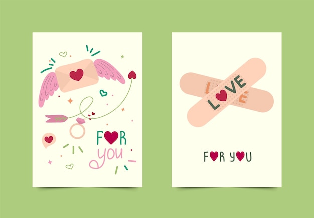 Set hand getrokken ansichtkaarten. Valentijnsdag, verjaardag. Vector illustratie