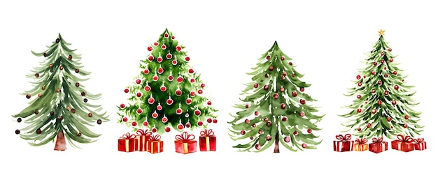 Set hand getrokken aquarel kerstbomen versierd met rode geschenkdozen en ballen vectorillustratie