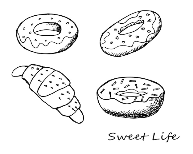 Set hand getrokken donuts en croissant, schets, omtrek tekenen. Voedsel illustratie, vector