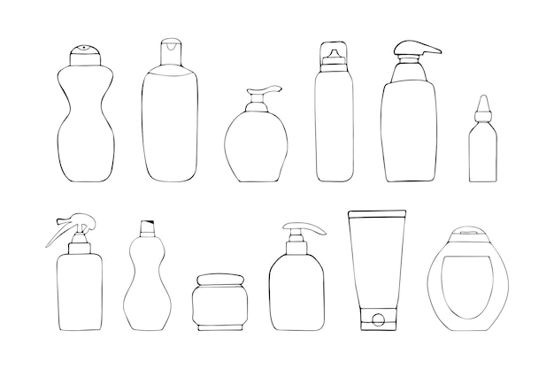 Set hand getrokken doodle cosmetische flessen voor crème, lotion, shampoo, spray, zeep, schuim.