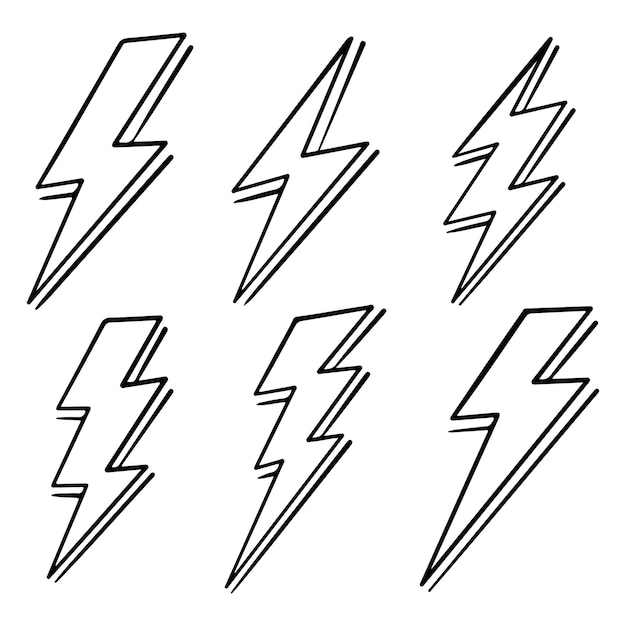 Set hand getrokken doodle elektrische bliksemschicht symbool schets vectorillustraties. vectorillustratie.