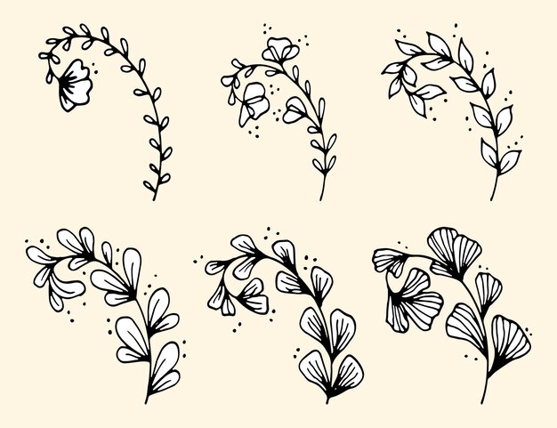 Set hand getrokken doodle vector bladeren en takken verzameling van boom floral plant elementen