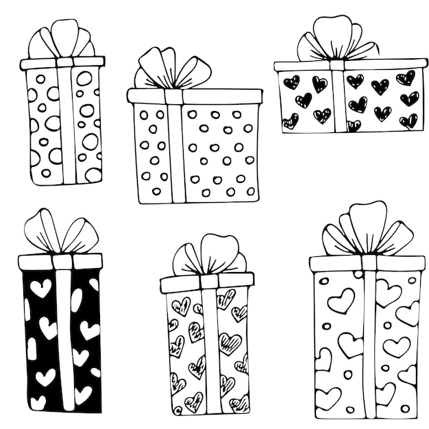 Set hand getrokken doodle vector geschenkdozen met strikken en linten schets illustratie