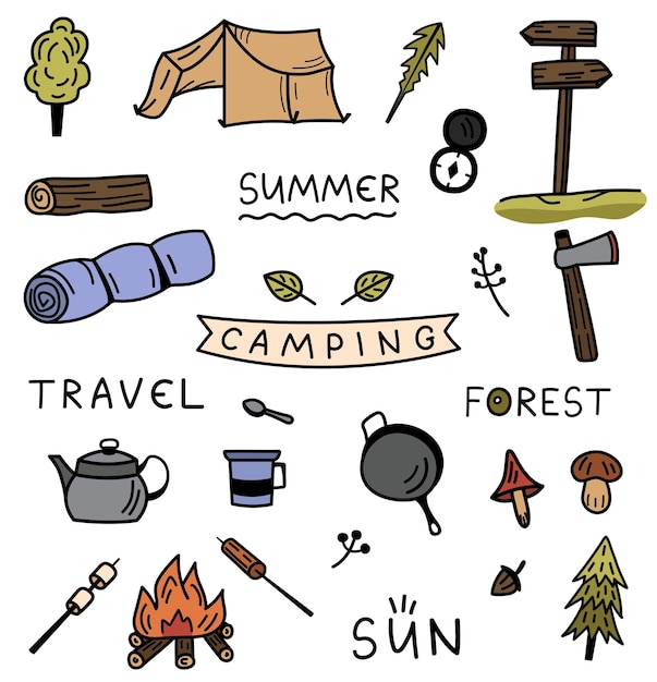 Set hand getrokken geïsoleerde stickers camping Vector zomer doodle pictogrammen wandelen vakantie bos