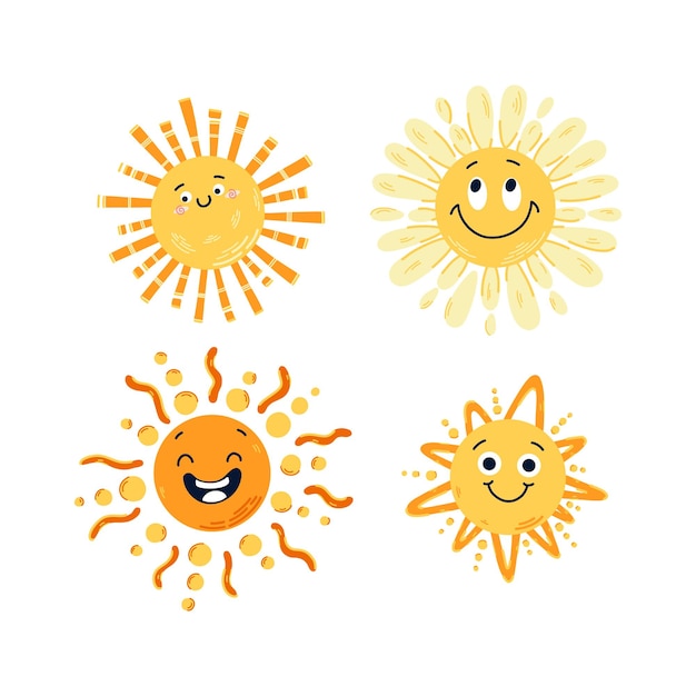 Set hand getrokken grappige schattige zon pictogram illustratie gele verkleining vector zonnen set