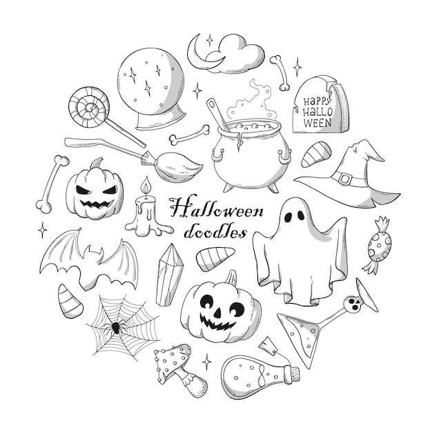 Vector set hand getrokken halloween doodles geïsoleerd op een witte achtergrond. goed voor kleurplaten, stickers