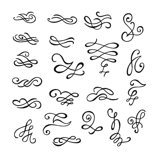 Vector set hand getrokken kalligrafische ontwerpelementen. bloei swirl sierlijke decoratie voor trouwkaarten, in uitnodigingen, ansichtkaart, menu, romantische stijl.