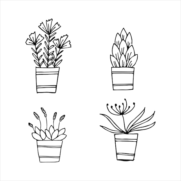 Set hand getrokken kamerplant in een pot doodle ontwerp Huis planten Illustratie