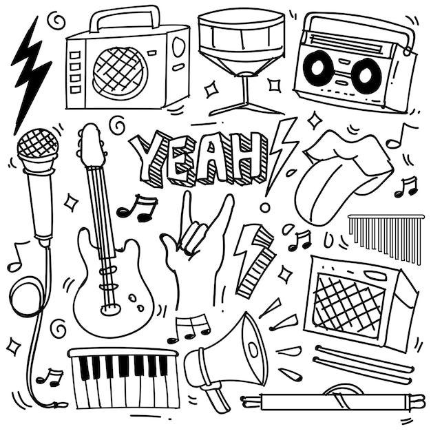 Set hand getrokken muziek thema geïsoleerd op een witte achtergrond, doodle set muziekinstrumenten thema. vector illustratie