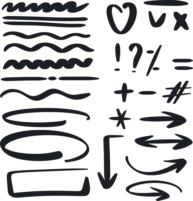 Vector set hand getrokken ontwerpelementen in doodle stijl pijlen, penseelstreken, markeringen, tekenen
