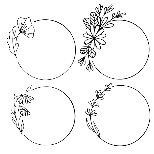 Set hand getrokken ronde doodle bloemen met bladeren op witte achtergrond