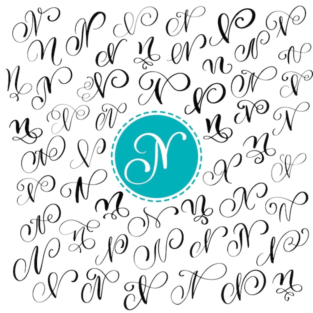 Vector set hand getrokken vector kalligrafie letter n script lettertype geïsoleerde brieven geschreven inkt handgeschreven