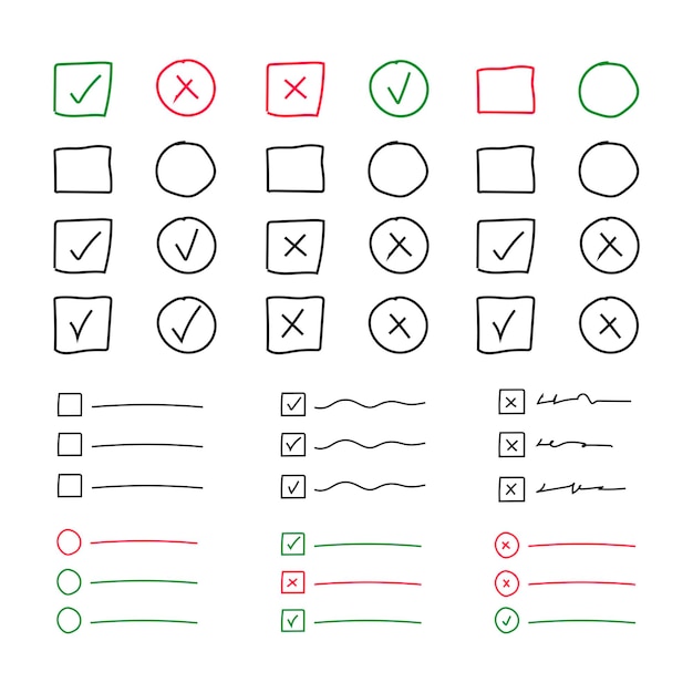 Vector set hand getrokken vinkje en kruis in vierkant en cirkel. vector illustratie