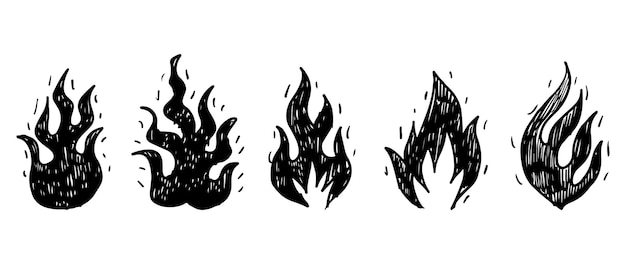 Set hand getrokken vuur en vuurbal geïsoleerd op een witte achtergrond Doodle vectorillustratie