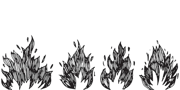 Set hand getrokken vuur en vuurbal geïsoleerd op een witte achtergrond. doodle vectorillustratie.