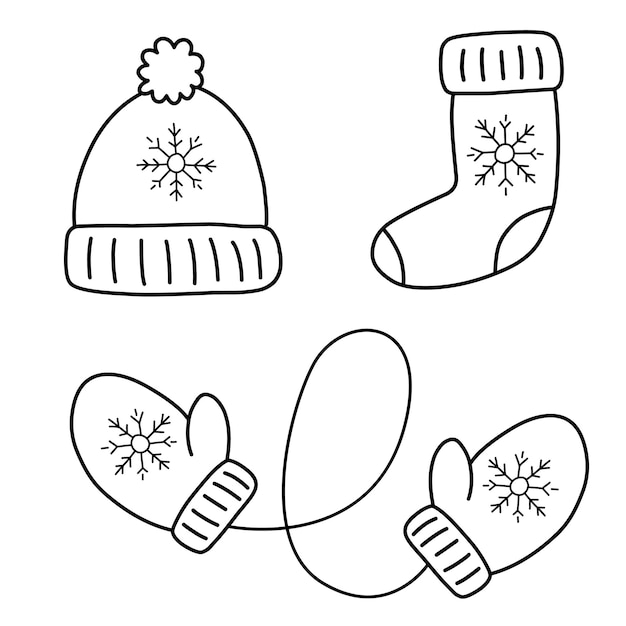 Set hand getrokken winterkleren en accessoires muts wanten sokken. Doodle kerstset