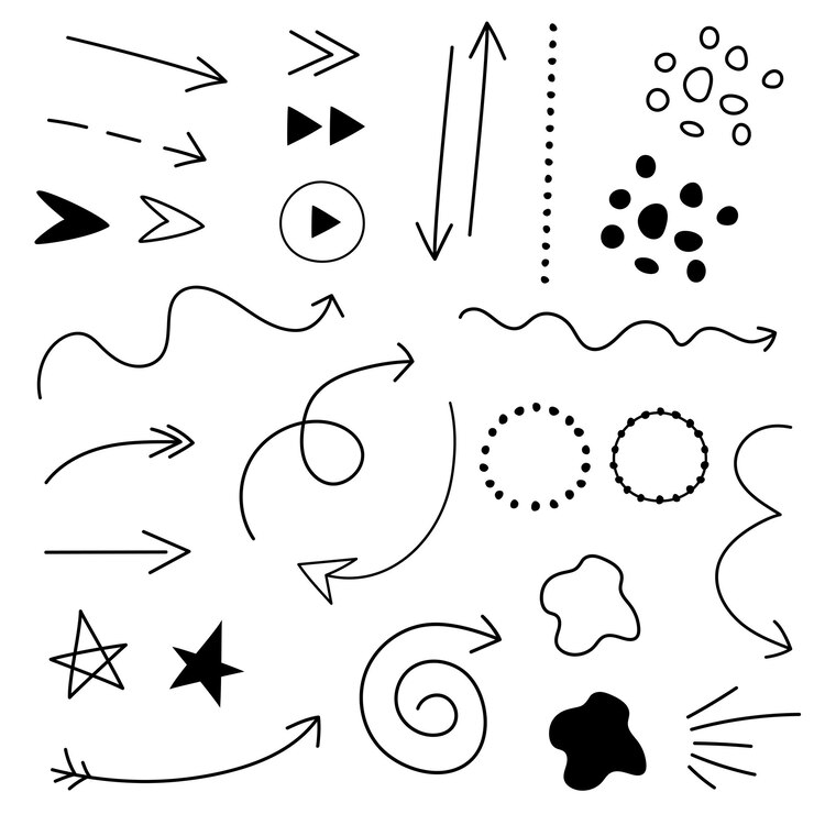 Set hand getrokken zwarte doodles pijlen geïsoleerd op een witte achtergrond Pijlmarkering pictogrammen