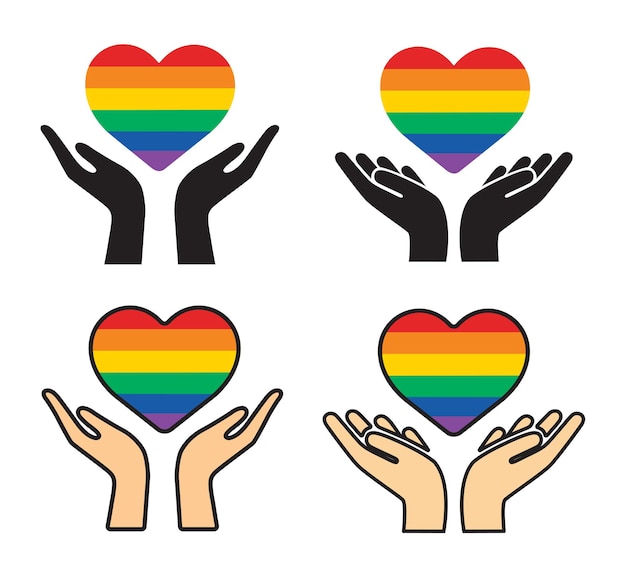 Set of hand holding rainbow heart