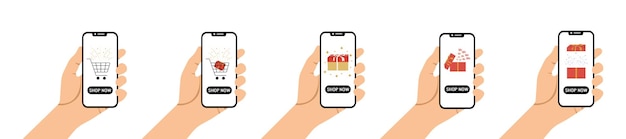 ギフト ボックス ショッピング カート花火と画面上の割引とスマート フォンを持っている手のセット